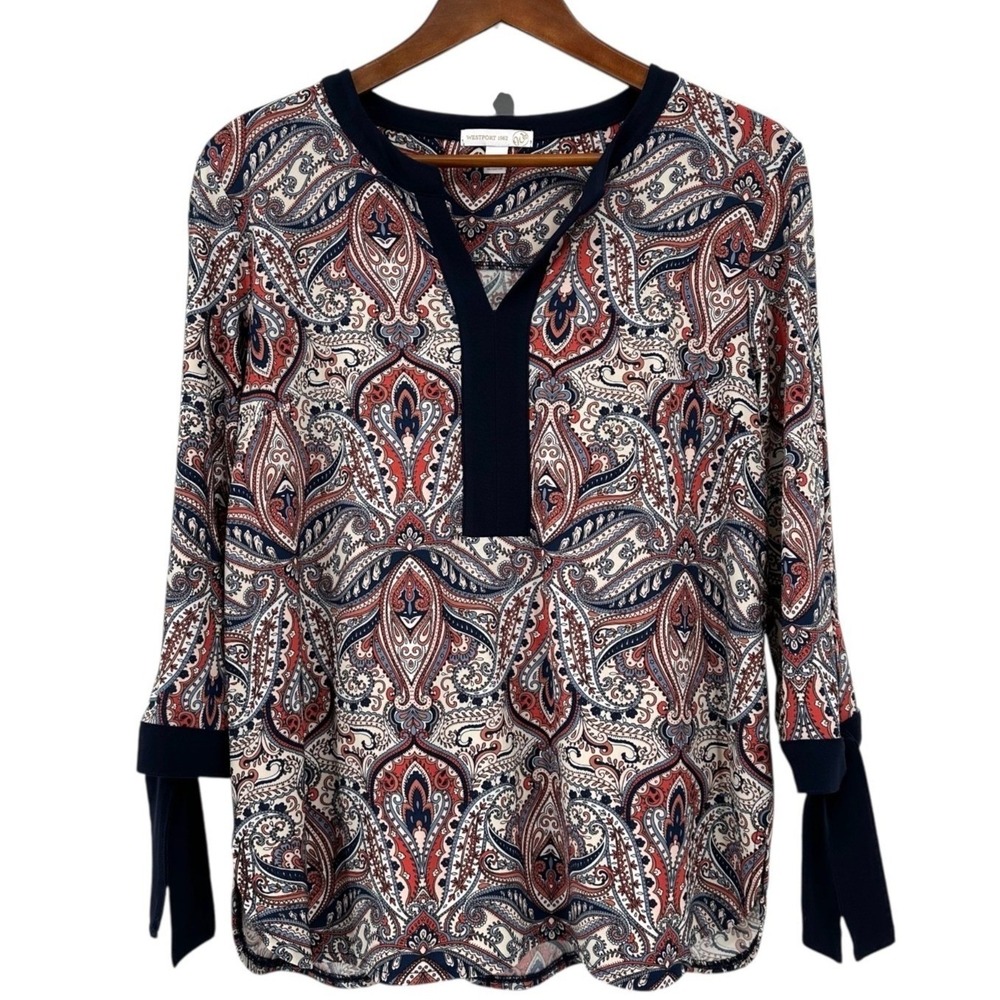 WESTPORT‎ 1962 V-Neck Tunic Top Navy Blue Paisley 3/4 Tie Sleeves Women's Medium